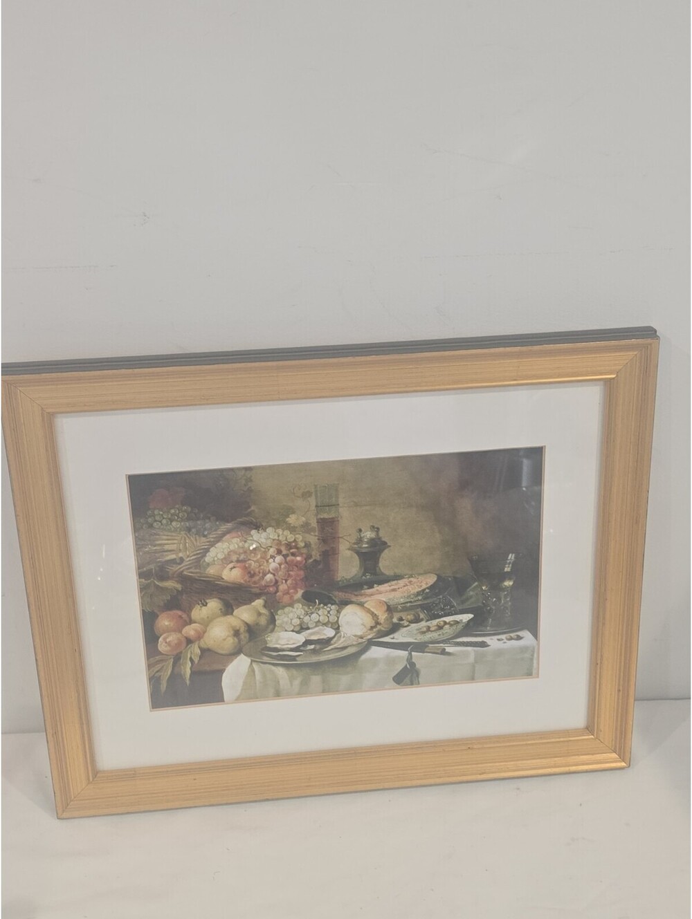 Traditional Still Life Art Print Fruit Table Scene Custom Framed Gold Wood Frame
